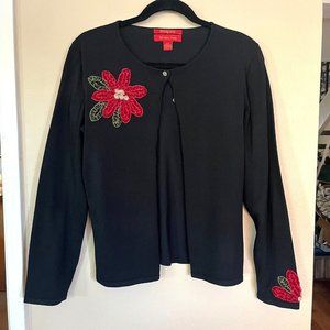 Northern Isles Holidays 2004 Sz L Black Sweater Cardigan Womens Poinsettia Flowe